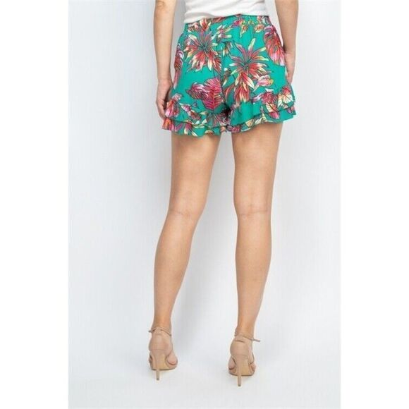 Small Shorts by Chocolate Green Tropical Leaf Print Ruffled Women's - Picture 2 of 3